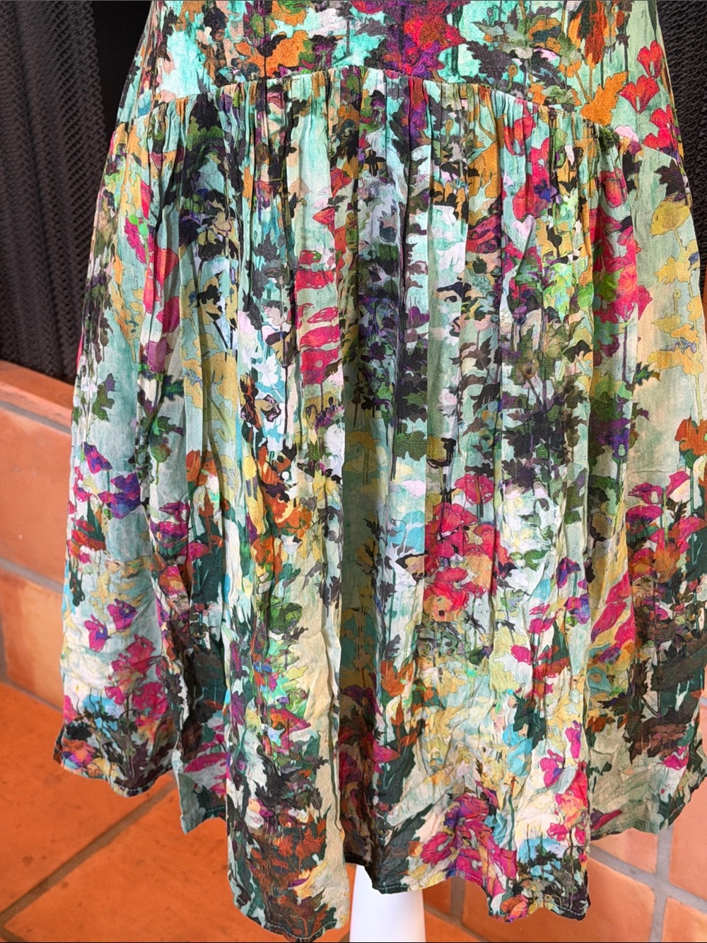 Peruvian Connection Teal Floral Short-Sleeve Scoop Dress with Pink Accents, sz M - Picture 3 of 9